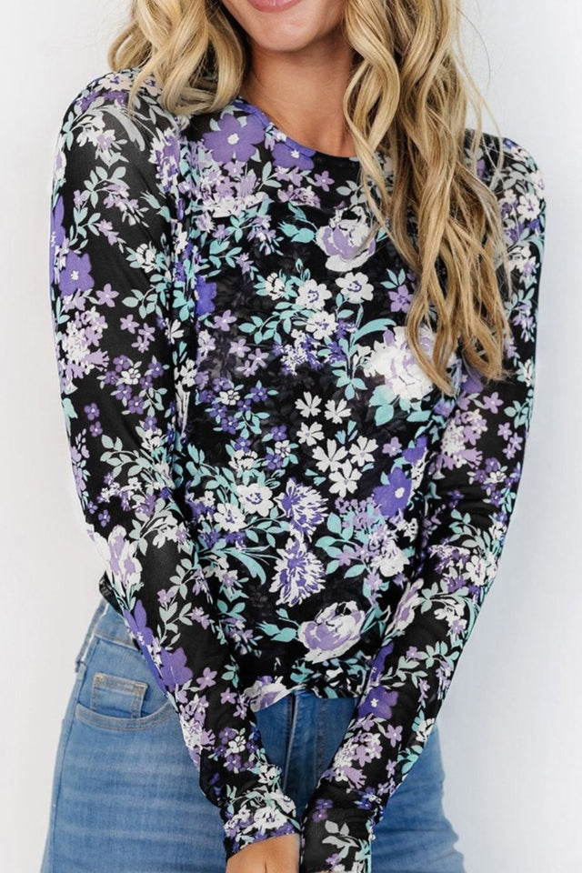 Floral Round Neck Long Sleeve T-Shirt | Hanalas