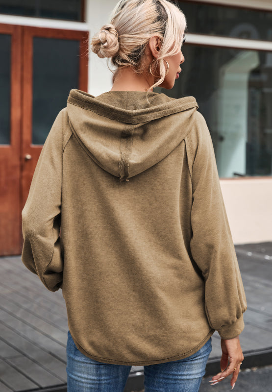 Waffled Knit Exposed Seam Drawstring Hoodie | Hanalas