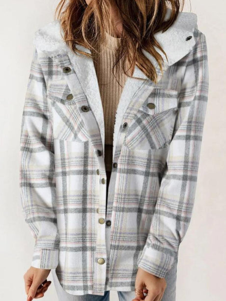 Plaid Snap Down Plush Hooded Jacket | Hanalas