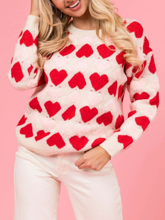 Valentine’s Day Fuzzy Heart Round Neck Long Sleeve Sweater | Hanalas