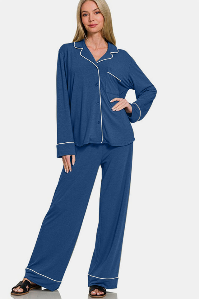 Zenana Button Down Long Sleeve Top and Pants Lounge Set | Hanalas