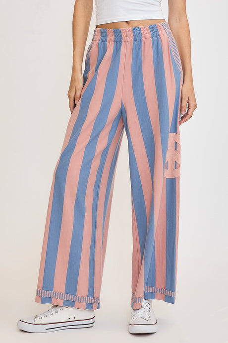 Umgee Peace Sign Patch Striped Wide Leg Pants | Hanalas