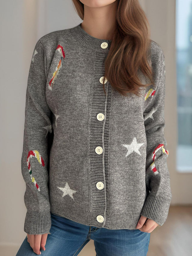 Candy Cane & Star Button Down Long Sleeve Cardigan Trendsi Hanalas