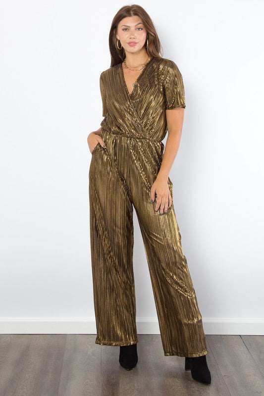 Be Stage Surplice Short Sleeve Pleated Foil Jumpsuit | Hanalas