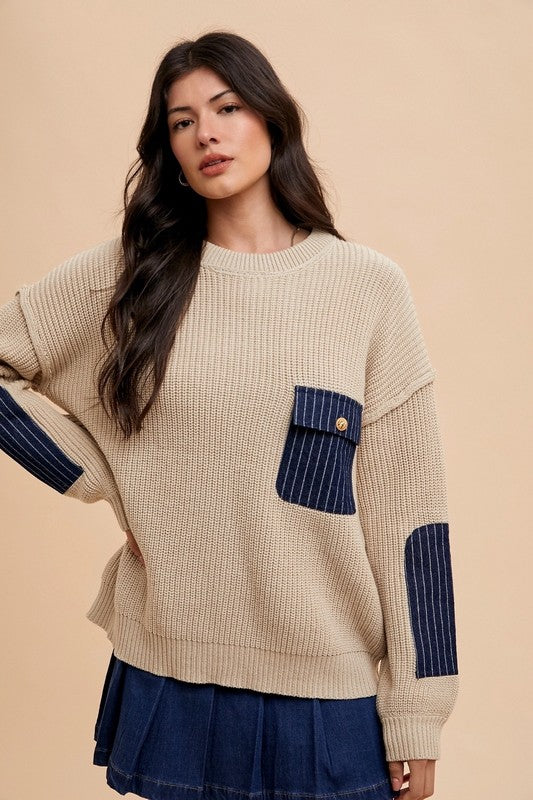 Annie Wear Contrast Round Neck Drop Shoulder Sweater with Patch Pocket | Hanalas