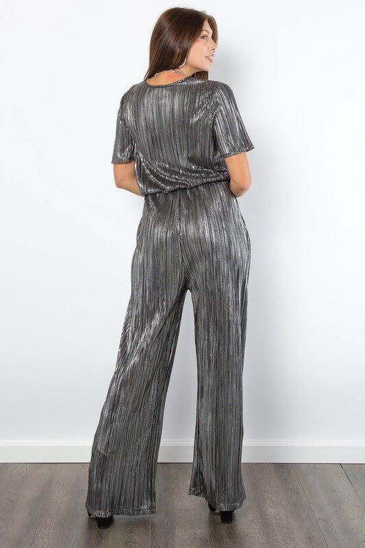 Be Stage Surplice Short Sleeve Pleated Foil Jumpsuit | Hanalas