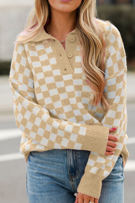 Checkered Collared Neck Long Sleeve Sweater | Hanalas