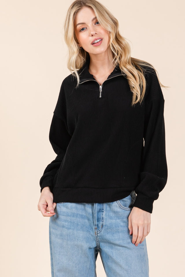 BOMBOM Quarter Zip Long Sleeve Sweatshirt with Pockets Trendsi Hanalas