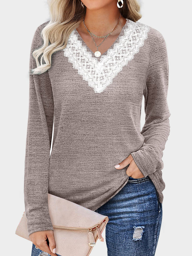 Lace Detail V-Neck Long Sleeve T-Shirt | Hanalas