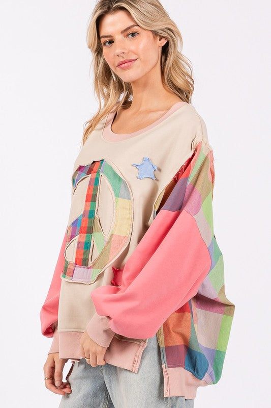 SAGE + FIG Full Size Contrast Peace Patch Dropped Shoulder Sweatshirt | Hanalas