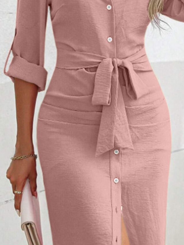 Tied Button Up Collared Neck Roll-Tab Sleeve Dress Trendsi Hanalas