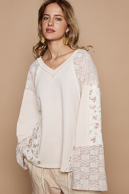 POL Lace Floral Round Neck Knit Top | Hanalas