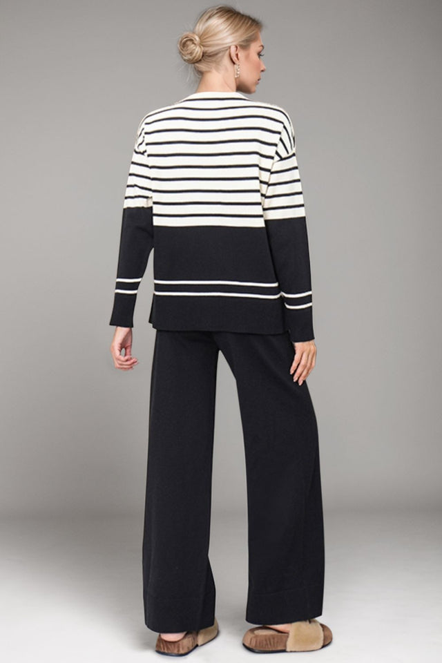 Basic Bae Striped Round Neck Long Sleeve Top and Pants Sweater Set Trendsi Hanalas