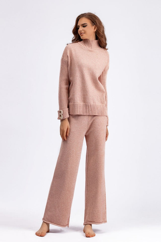 Basic Bae High- Low Turtleneck Long Sleeve Top and Pants Sweater Set Trendsi Hanalas