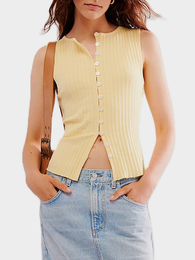 Button Down Round Neck Sweater Vest | Hanalas