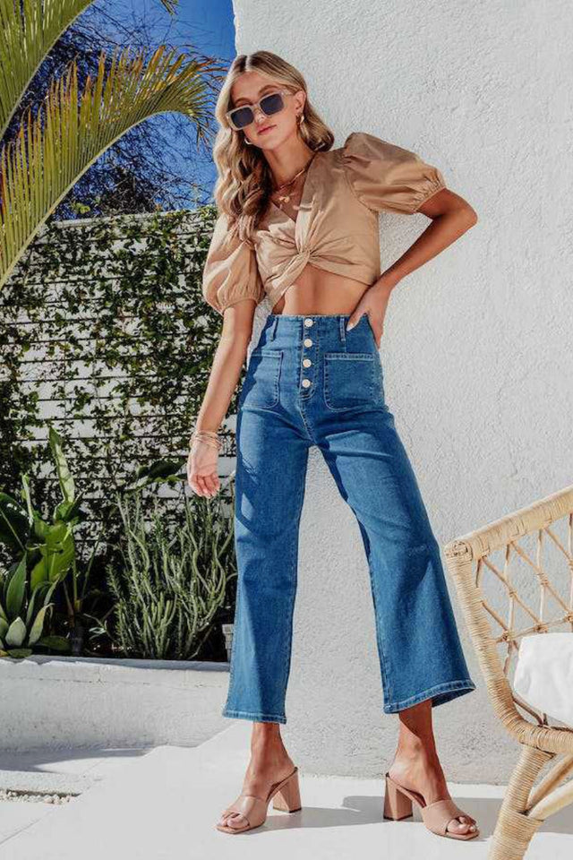 Button Fly Cropped Wide Leg Jeans | Hanalas