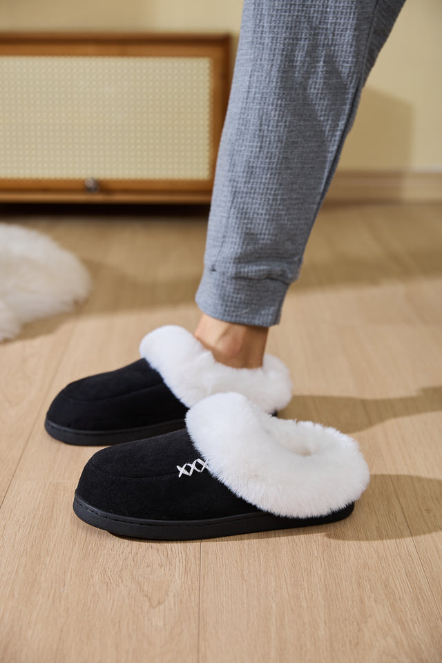 Fluff Trim Round Toe Flat Slippers | Hanalas