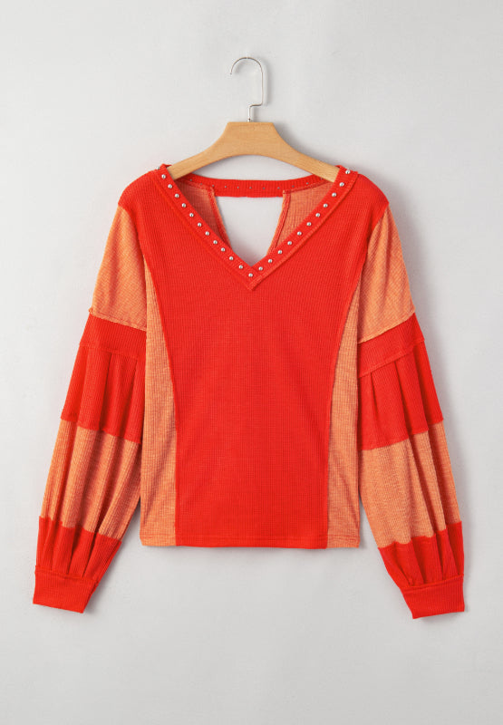 Studded Waffle-Knit V-Neck Long Sleeve Top | Hanalas