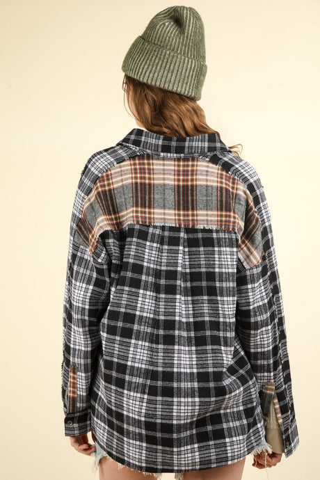 VERY J Contrast Plaid Raw Detail Shirt | Hanalas