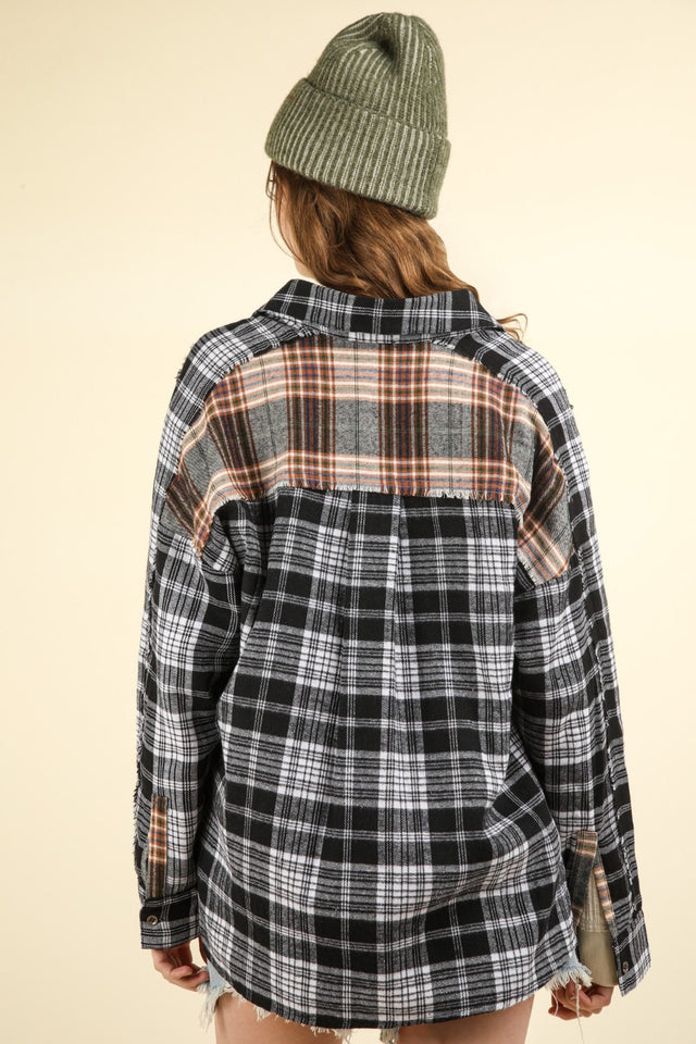 VERY J Contrast Plaid Raw Detail Shirt | Hanalas