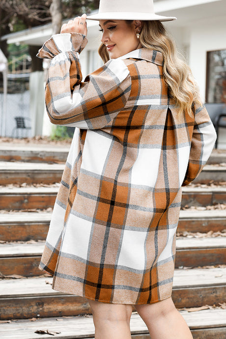 Khaki Western Plaid Button Up Loose Shirt Dress