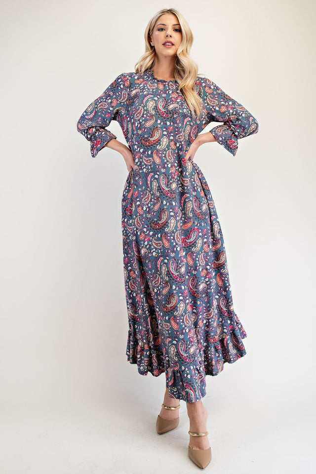 Celeste Full Size Ruffle Hem Paisley Round Neck Dress | Hanalas