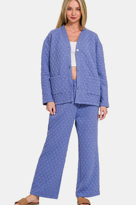 Zenana Quilted Button Up Long Sleeve Top and Pants Lounge Set | Hanalas