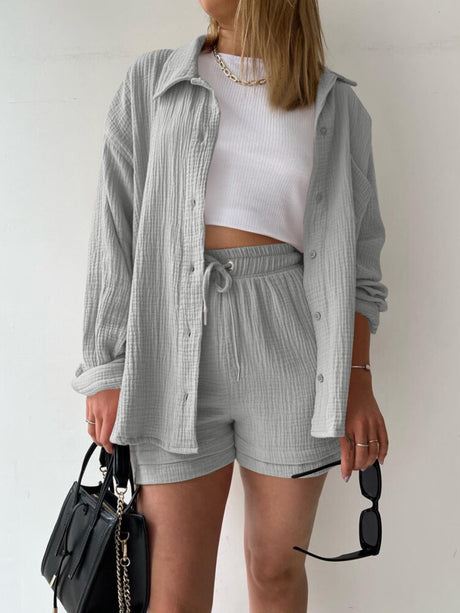 Texture Button Up Shirt and Drawstring Shorts Set | Hanalas