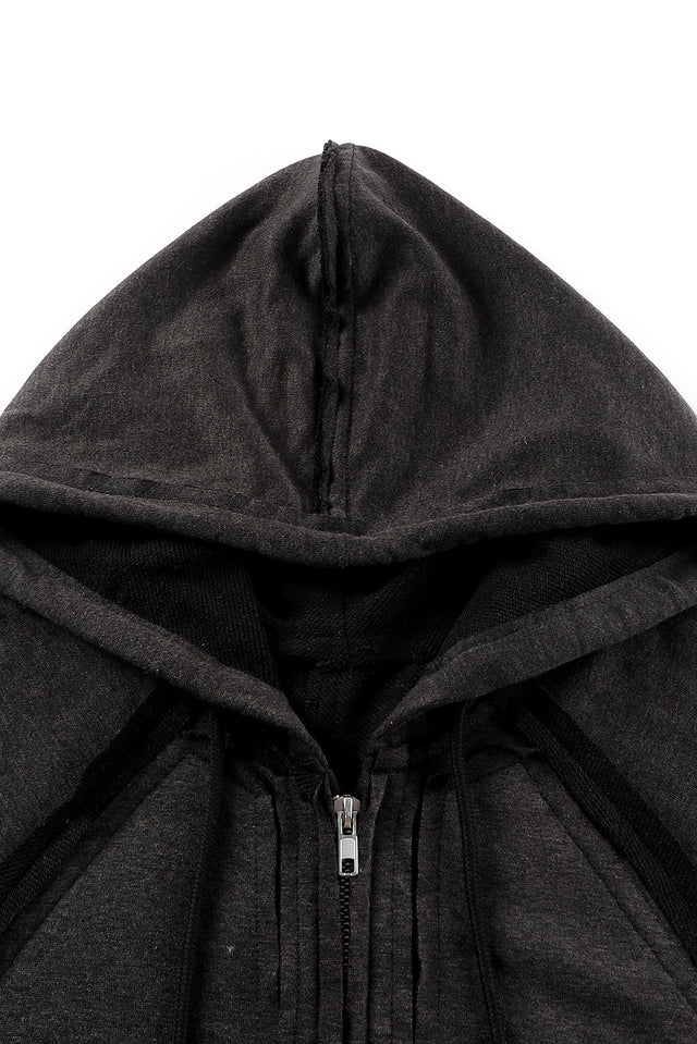 Exposed Seam Zip Up Long Sleeve Drawstring Hoodie | Hanalas