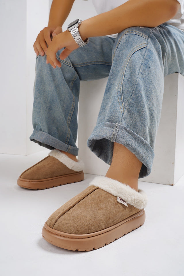 Furry Round Toe Platform Slippers | Hanalas