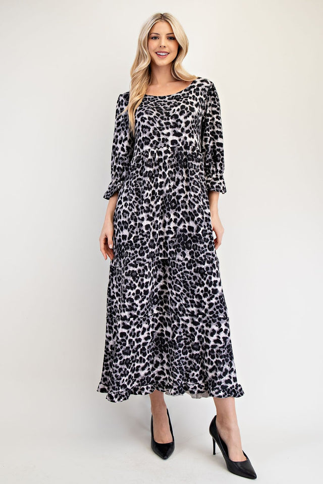 Celeste Full Size Leopard Round Neck Flounce Sleeve Dress | Hanalas