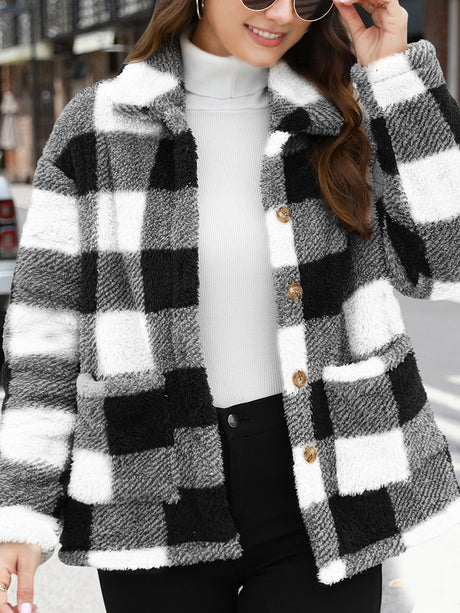 Button Up Drop Shoulder Fuzzy Jacket | Hanalas