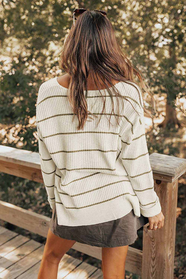 Striped V-Neck Drop Shoulder Sweater | Hanalas