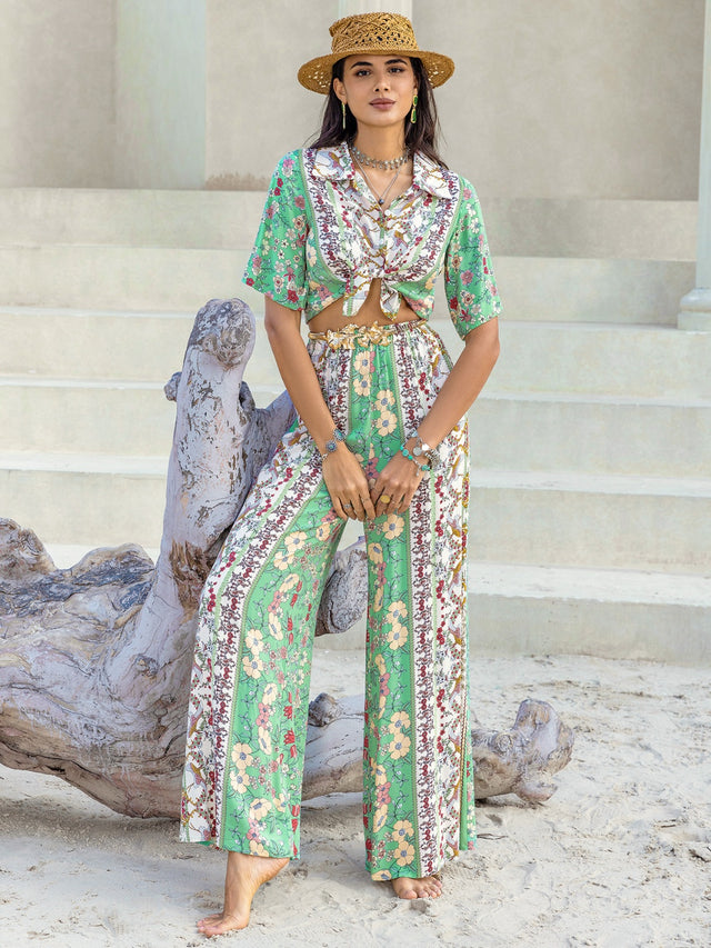 Printed Half Sleeve Top and Wide Leg Pants Set | Hanalas