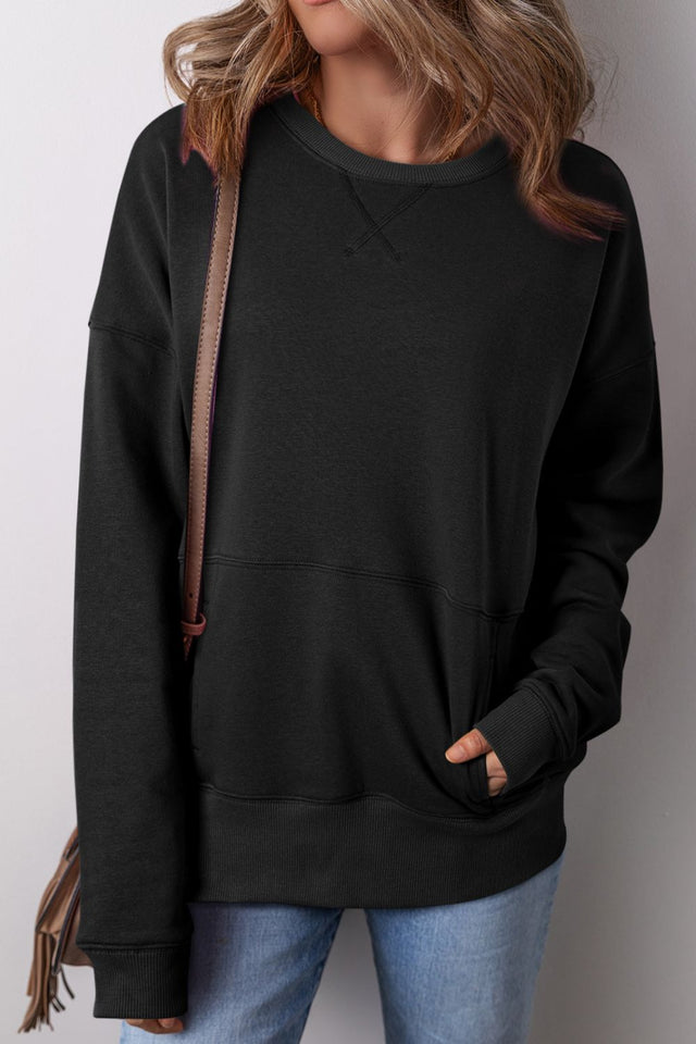 Solid Color Round Neck Long Sleeve Sweatshirt | Hanalas