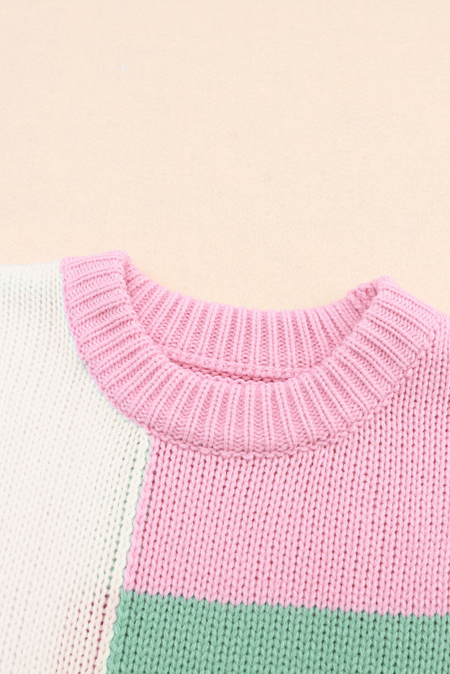 Color Block Round Neck Drop Shoulder Sweater | Hanalas