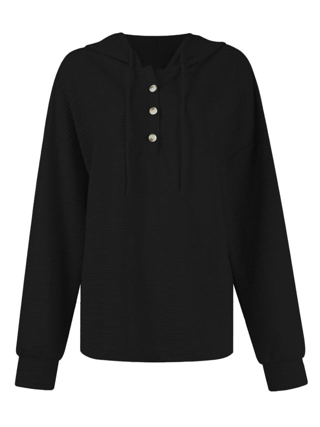 Drawstring Quarter Button Long Sleeve Hoodie | Hanalas