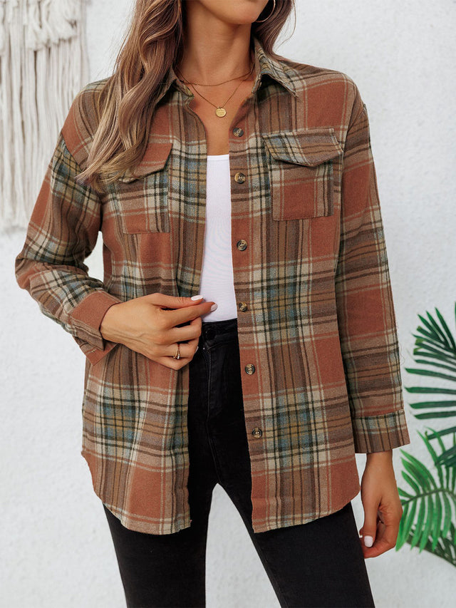 Plaid Collared Neck Button Up Long Sleeve Shirt | Hanalas