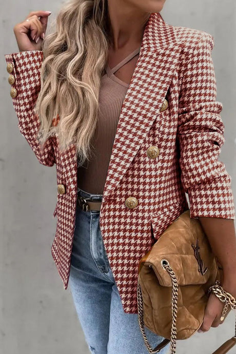 Houndstooth Collared Neck Double-Breasted Blazer | Hanalas