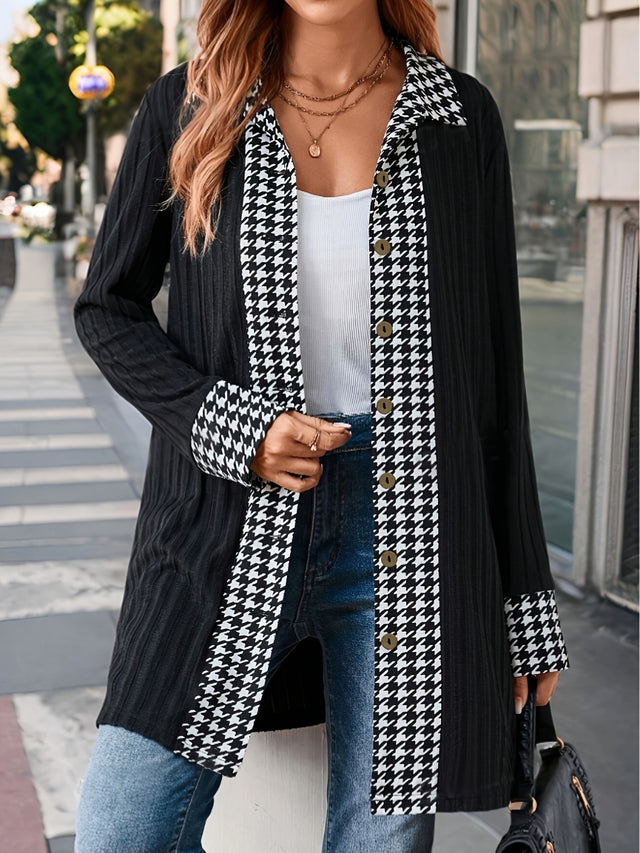 Houndstooth Button Up Long Sleeve Cardigan | Hanalas