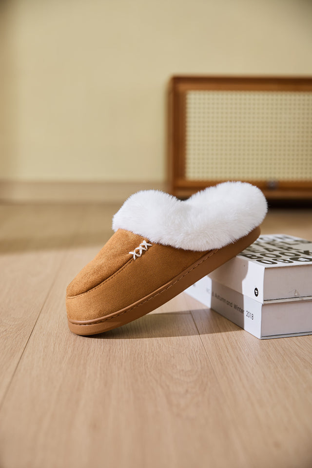 Fluff Trim Round Toe Flat Slippers | Hanalas