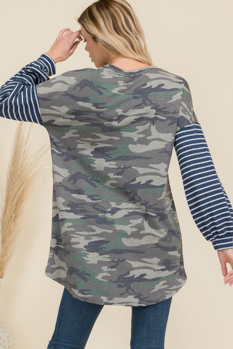 Celeste Full Size Camo Print High-Low T-Shirt with Stripe Sleeves | Hanalas