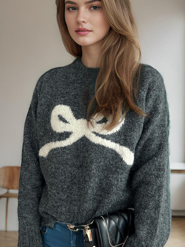 Bow Round Neck Long Sleeve Sweater Trendsi Hanalas