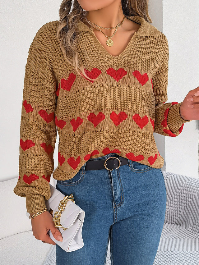 Heart Johnny Collar Long Sleeve Sweater | Hanalas