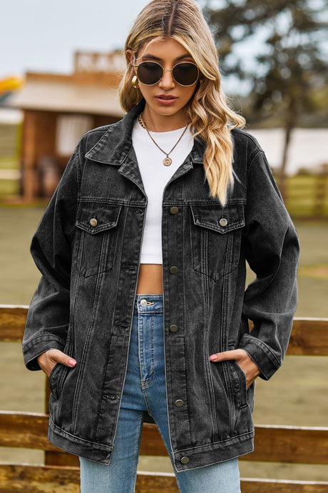 Buttoned Collared Neck Denim Jacket with Pockets Trendsi Hanalas