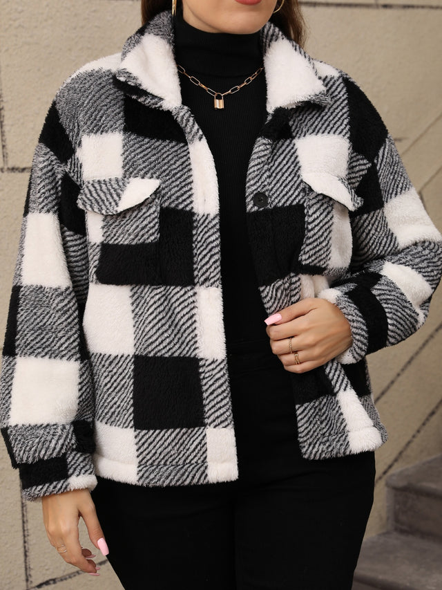 Plus Size Pocketed Plaid Collared Neck Jacket | Hanalas