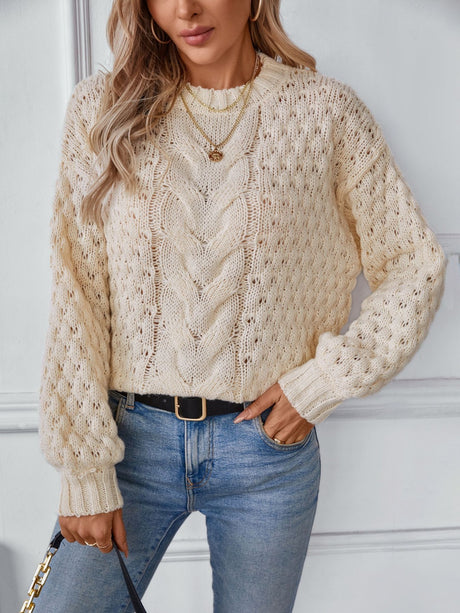 Cable-Knit Round Neck Long Sleeve Sweater Trendsi Hanalas