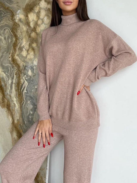 Turtleneck Long Sleeve Top and Drawstring Pants Sweater Set | Hanalas