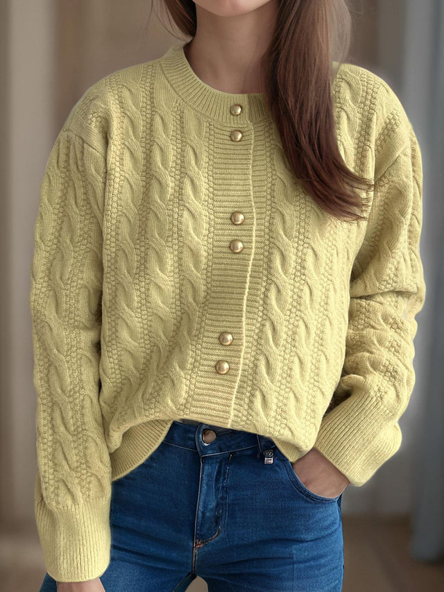 Cable-Knit Round Neck Long Sleeve Cardigan Trendsi Hanalas