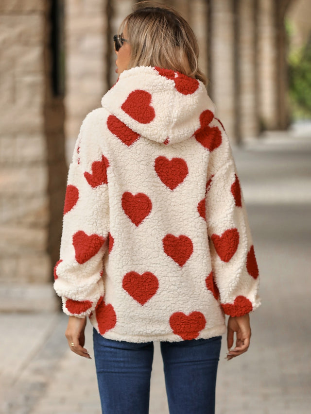 Fuzzy Heart Pocketed Dropped Shoulder Hoodie | Hanalas